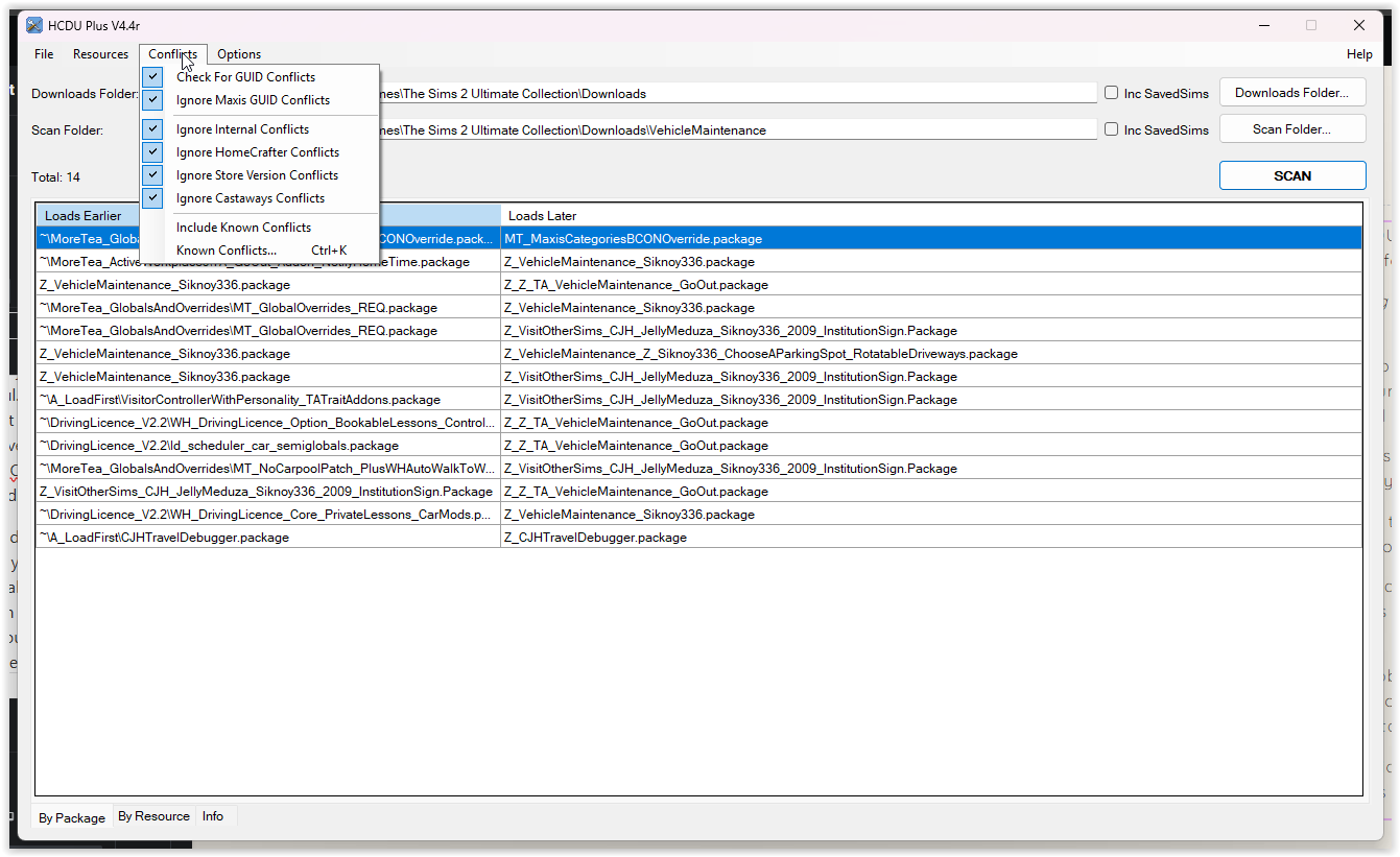 You can select to include or ignore Maxis GUID conflicts, which shows conflicts with original game items. The top option is just to search for GUID conflicts between CC objects.