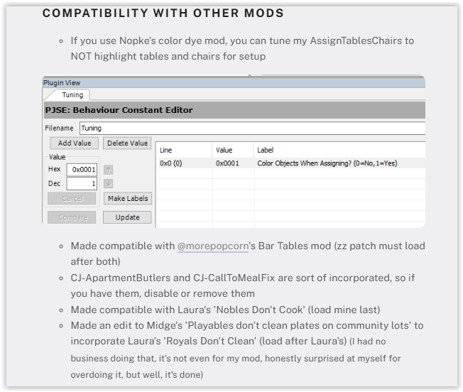 Lamare's instructions on Compatibility with other mods from her recent "helpers mod" - note the instructions to load last and the file names beginning with zz_