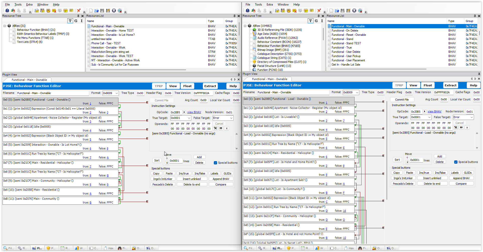 The mod file (left) is overriding the Maxis BHAV Function-Main-Ownable (right)