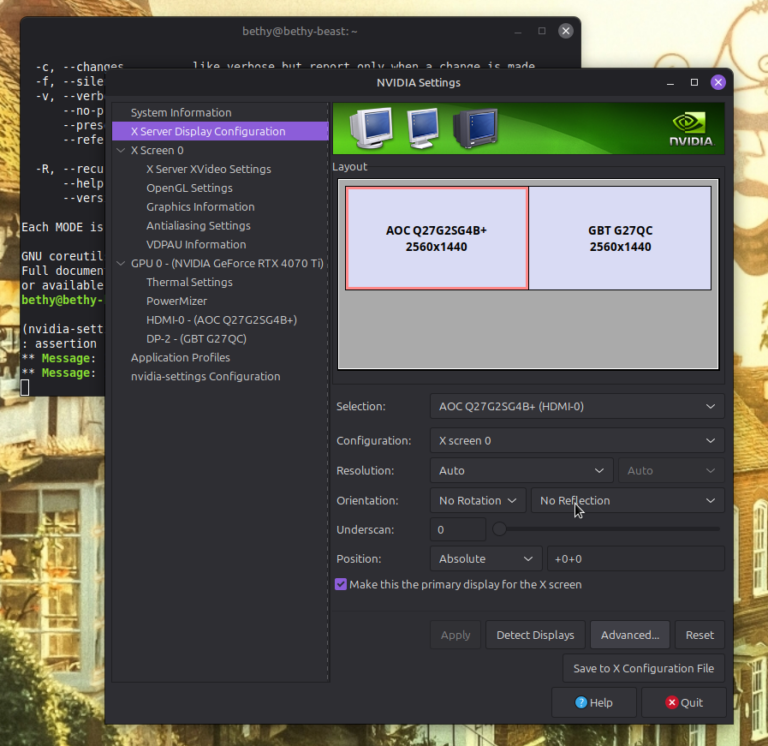 Next go to X Server Display Configuration, and you should see any monitors connected to your computer. Select each monitor and hit the "advanced" tab if it is available