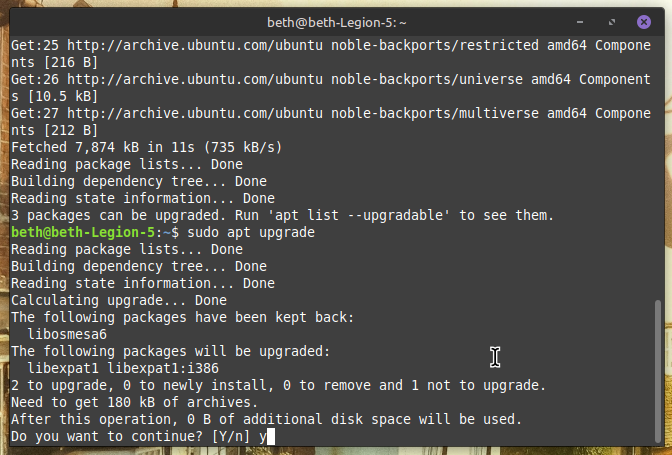 Enter sudo apt upgrade and enter 'Y' to update the packages