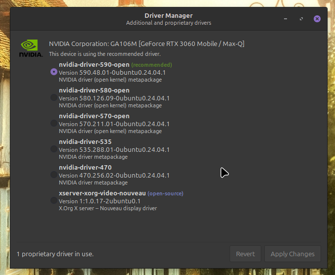 Driver Manager lets you choose graphics drivers - I just use whichever one says "Recommended"