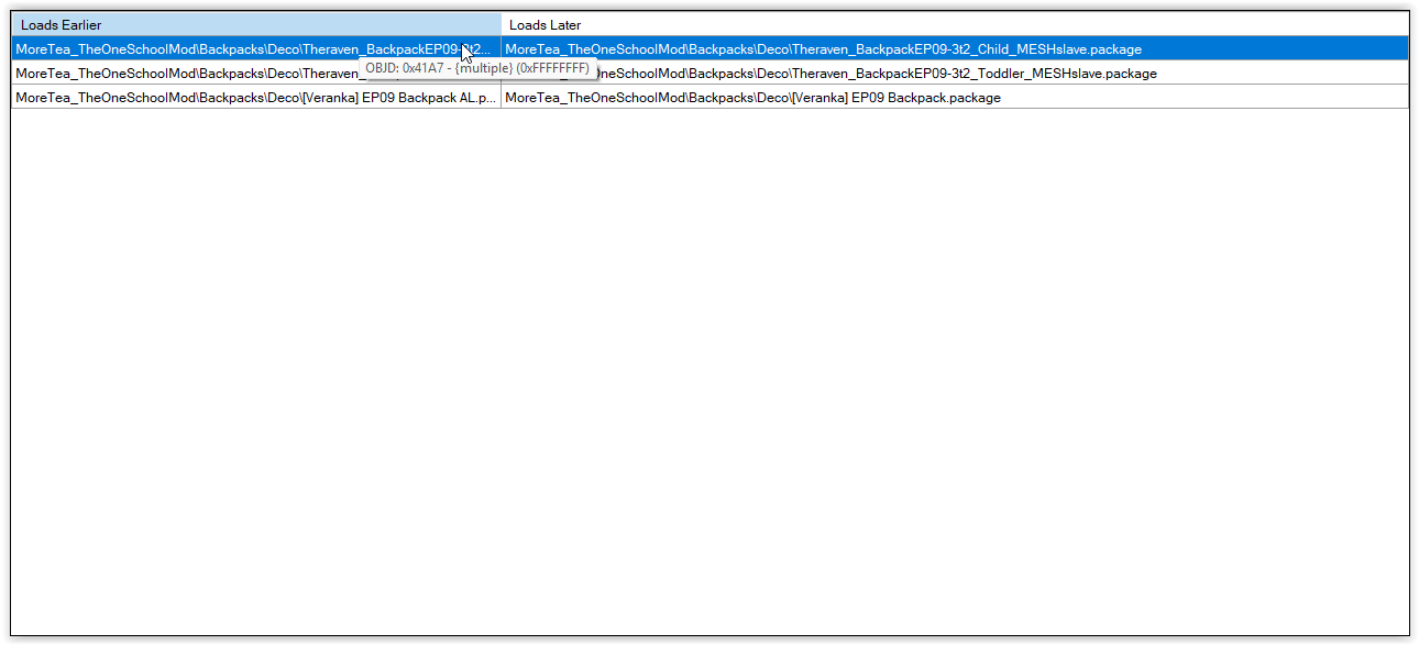 Hovering over this conflict I can see that OBJD 0x41A7 is the conflicting resource (they share a GUID). The (0xFFFFFFFF) is the "group" number, sometimes this will be a more specific number, other times it will just be this!