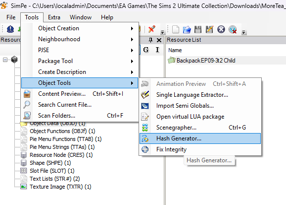 Go to Tools / Object Tools / Hash Generator